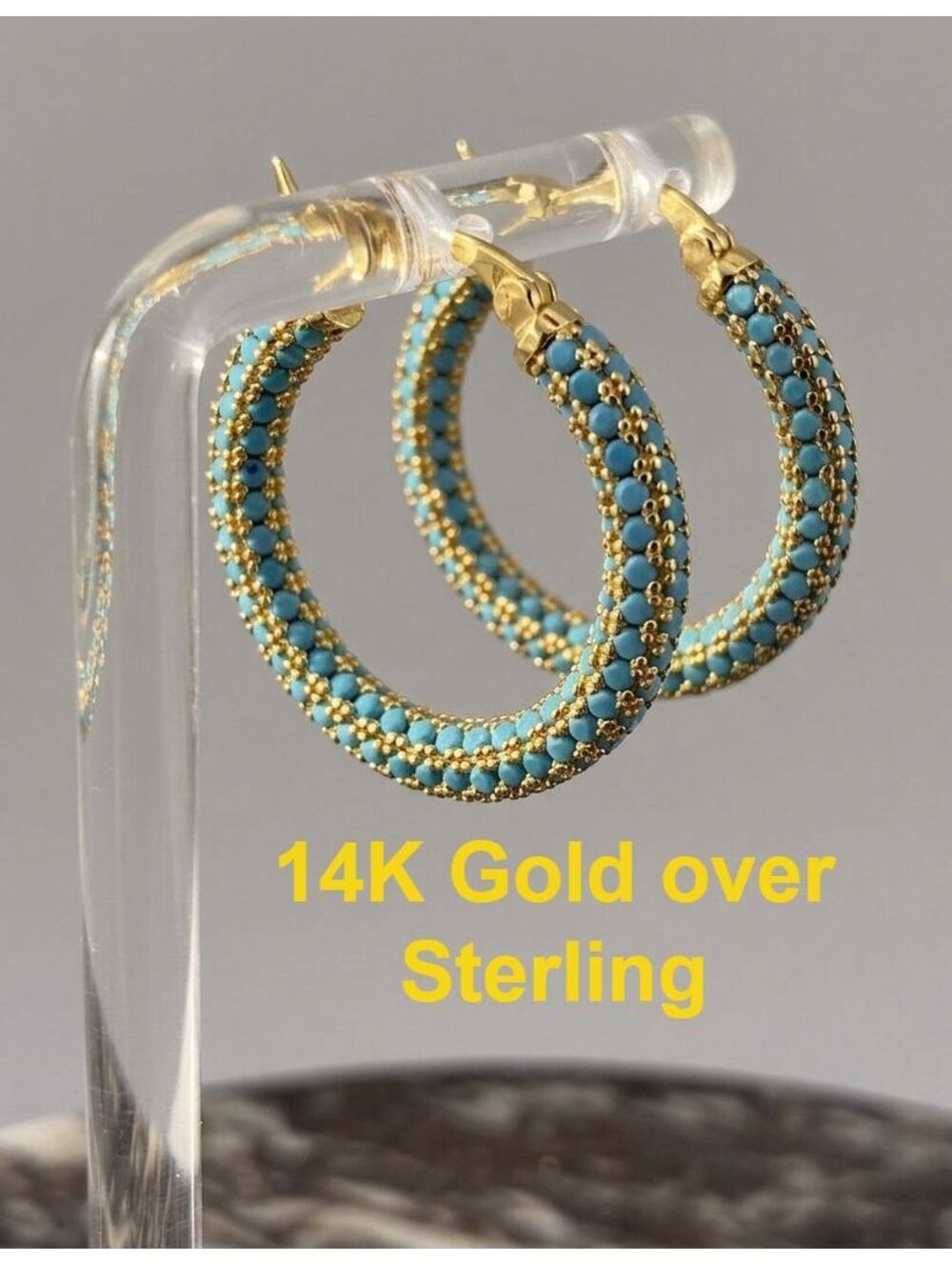 Sterling Silver Faux Turquoise Beaded Hoop Earrings with 14K Gold Overlay